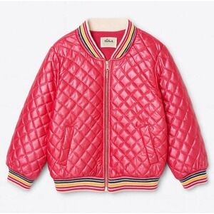 Lola + the Boys Pink Quilted Puffer Bomber Jacket Girls Size 8 Rainbow Trim